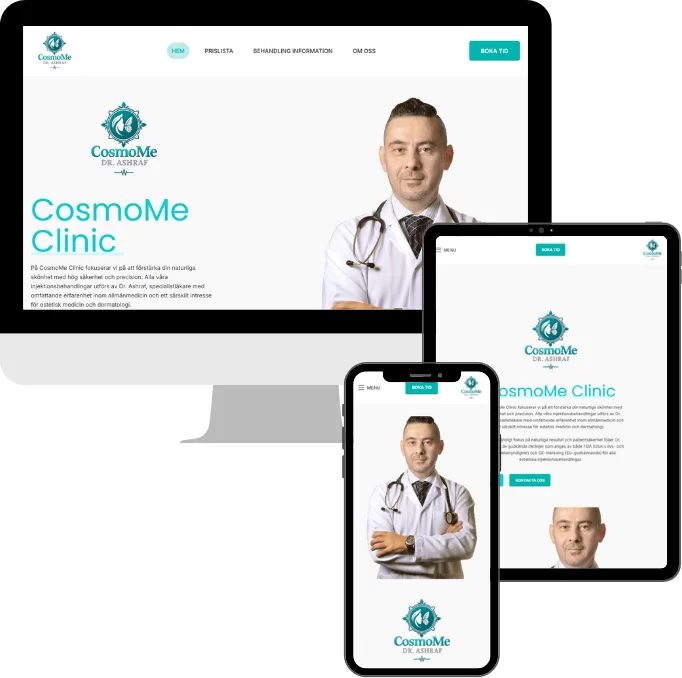 CosmoMe webbplats, estetisk klinik med tjänster, prislista och läkarbiografi