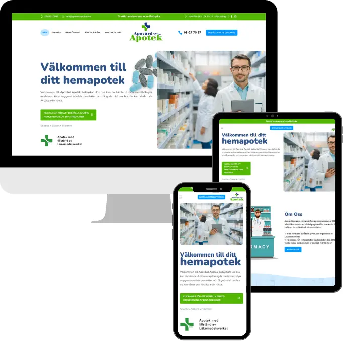 Apovård Apotek webbplats, one-page sajt för apotek med receptuppladdning online